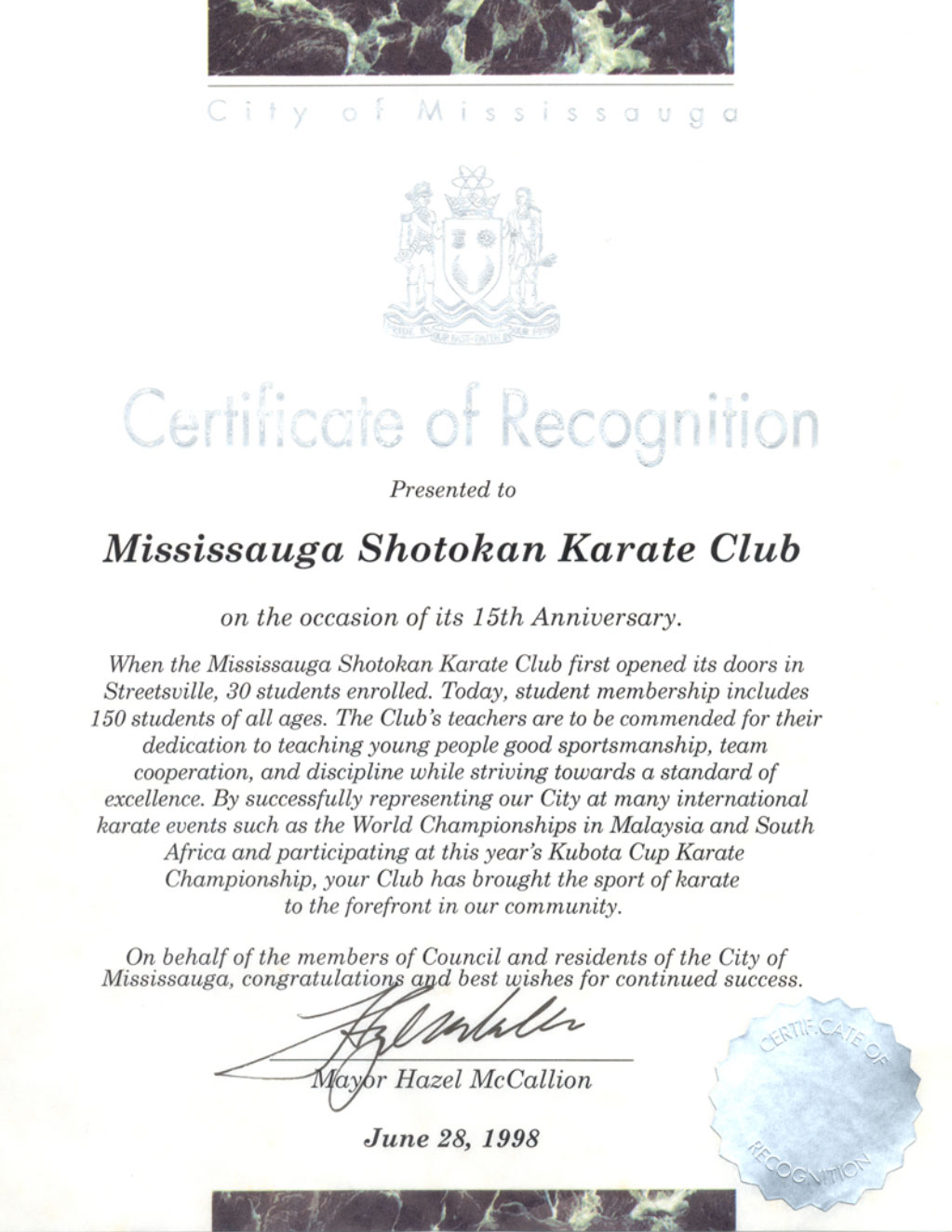 City of Mississauga Certificate of Recognition - Click to view the larger version.